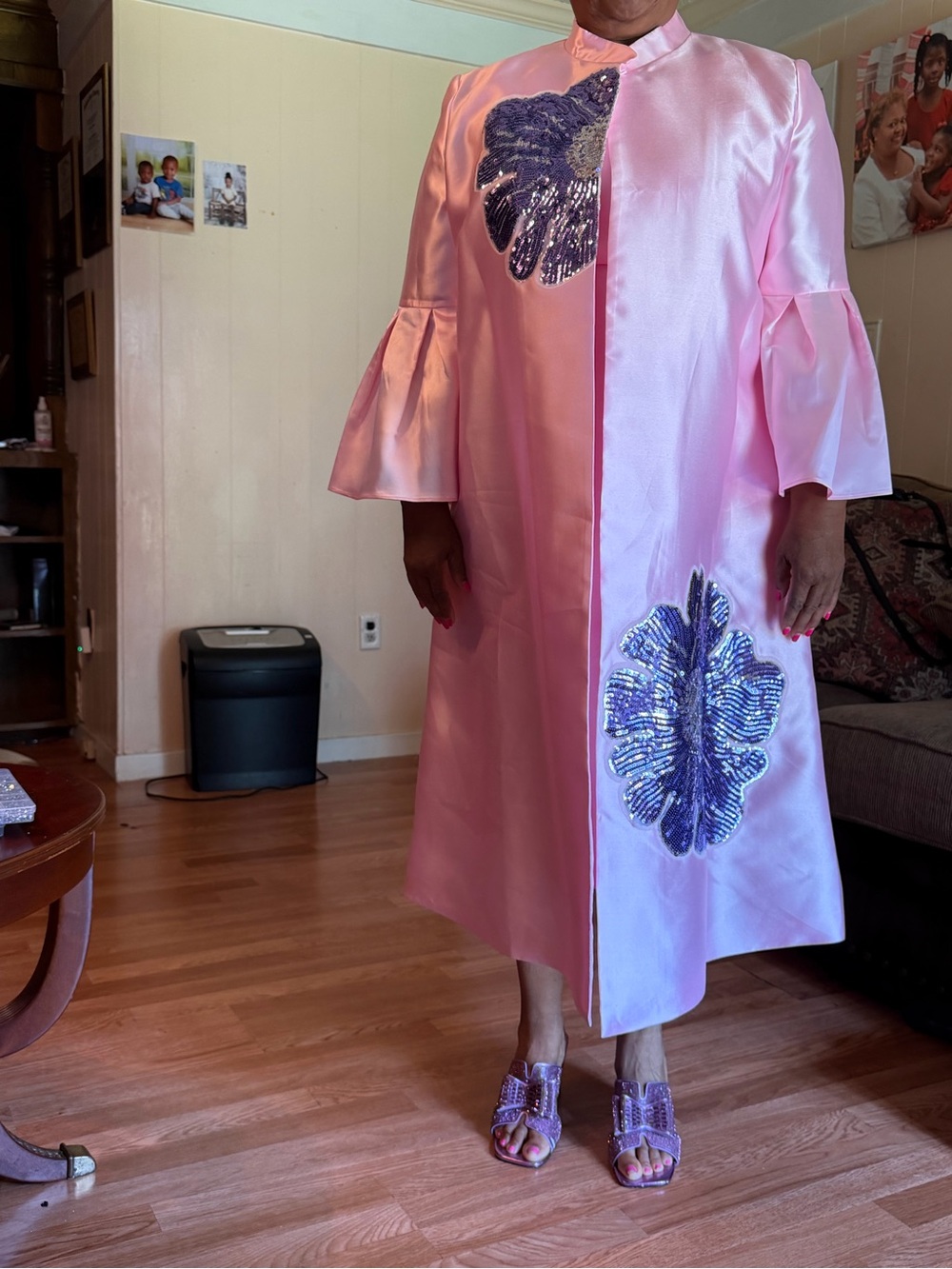 Pink Long-Sleeve Satin Embellished Dress Coat